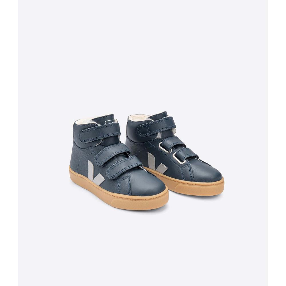 Navy Kids' Veja ESPLAR MID FURED LEATHER High Tops | AU 686EBC